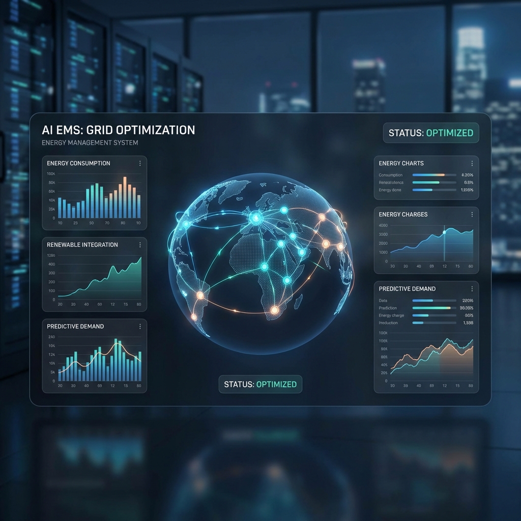 AIアルゴリズムによる電力需給予測と蓄電池の充放電制御を行うEMS管理画面のダッシュボード